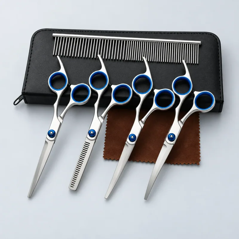 Four silver-and-blue grooming scissors, a metal comb, cloth and black zip case.