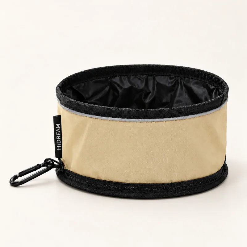 Open khaki HiDREAM travel bowl with black trim and carrying clip