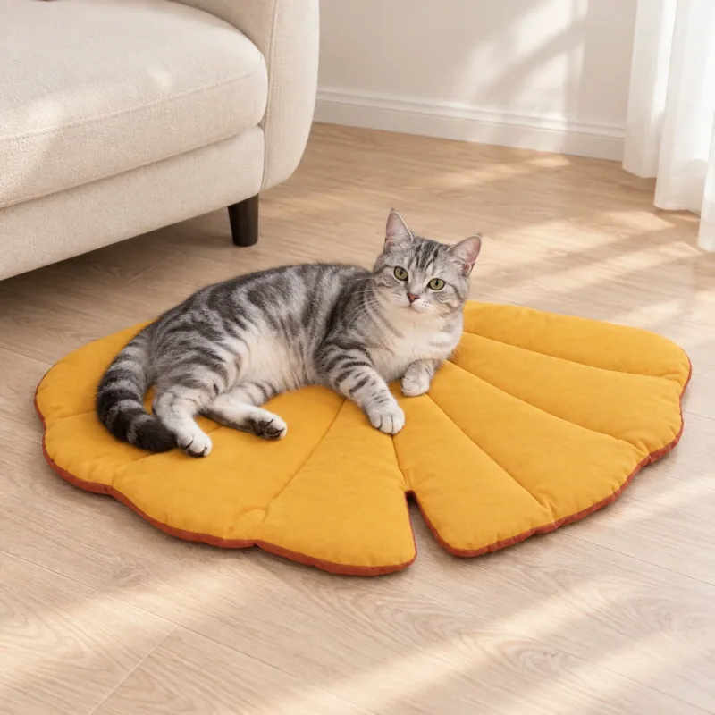 A silver tabby relaxing on a yellow quilted ginkgo-leaf mat with terracotta edging.