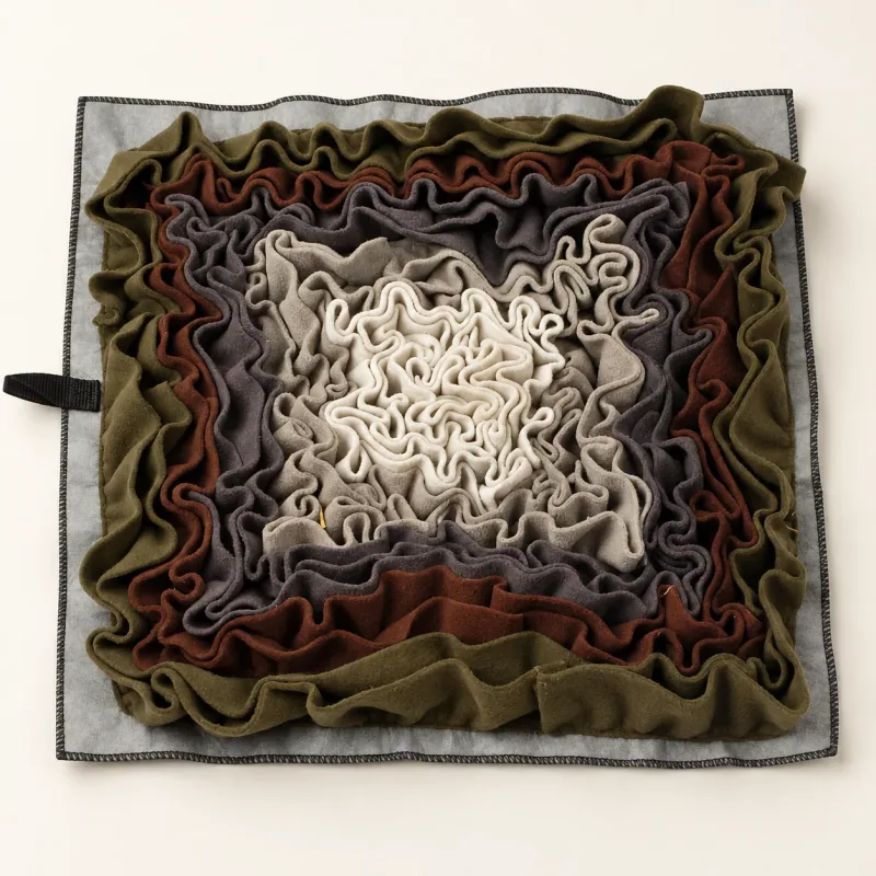 Square forage mat with dense cream, gray, brown and olive folds and its side loop.