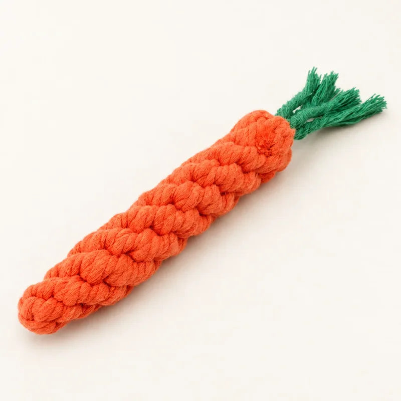 Orange cotton-rope carrot dog toy with green tassel on an ivory background