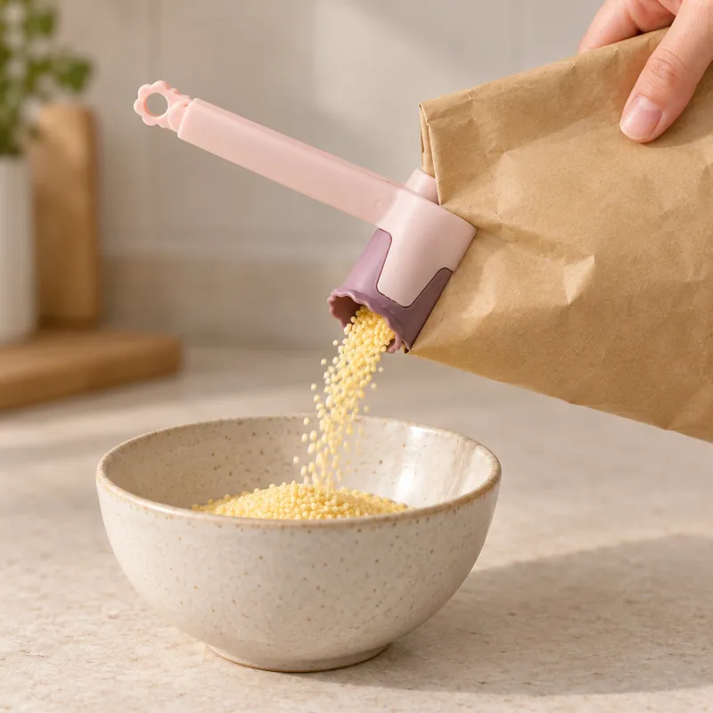 Blush-pink pour clip on a dry-food bag pouring grains into a bowl; bag, food and bowl not included