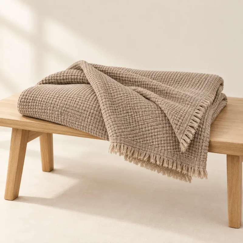 Taupe waffle throw folded on a light oak bench, showing its weave and fringed edge.