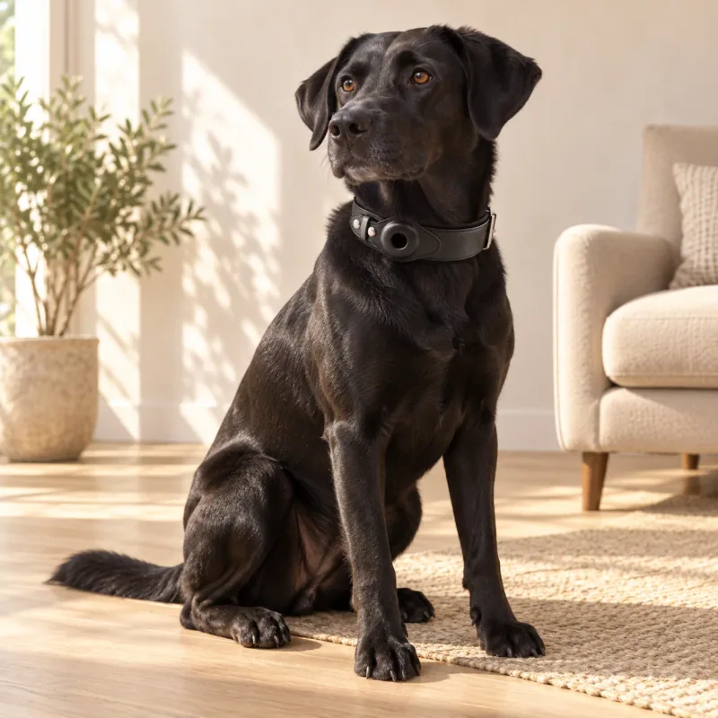 A black dog wearing the black collar with its round tracker holder empty. Tracker not included.
