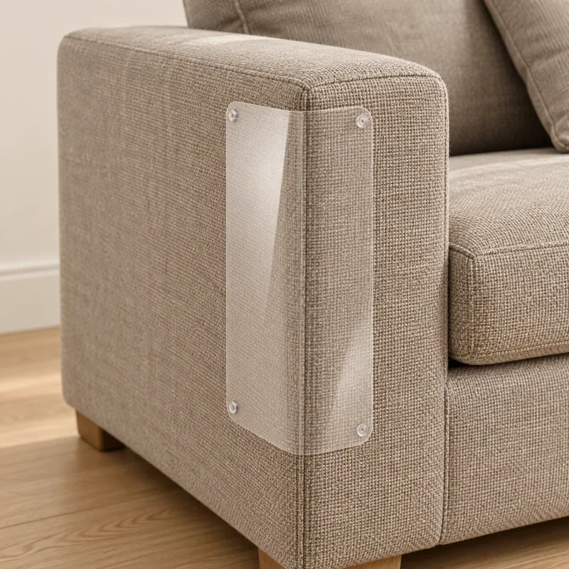 A thin transparent sofa guard panel fitted around a woven fabric sofa corner; the set contains six panels.