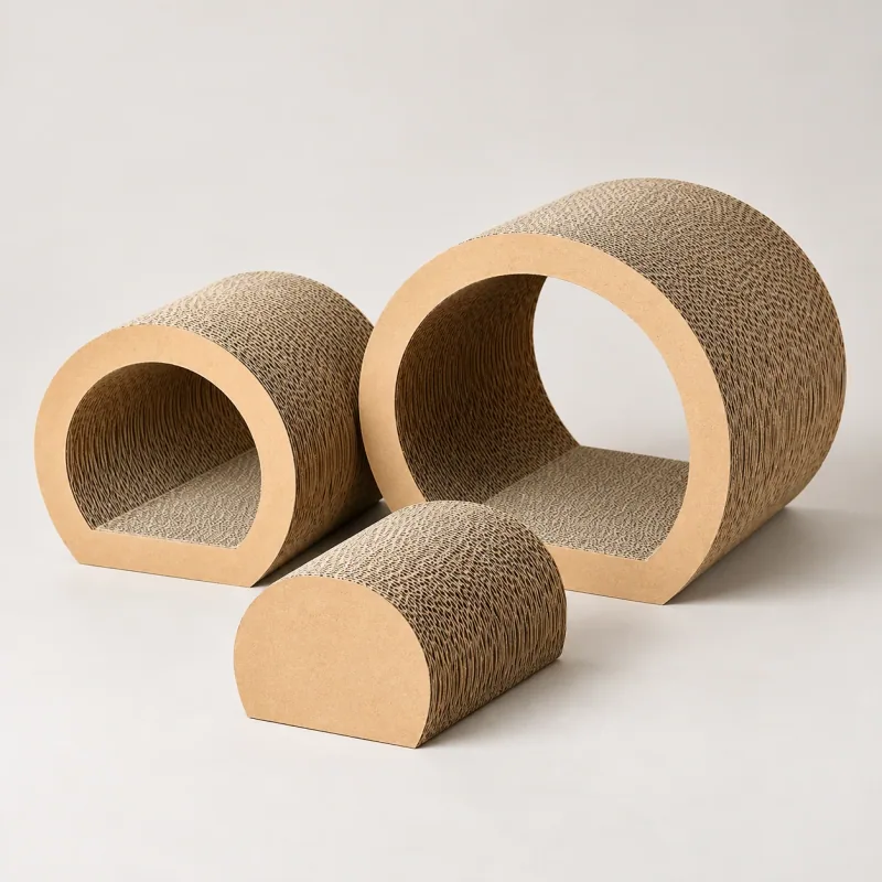 Three natural paper scratchers arranged as nesting arches