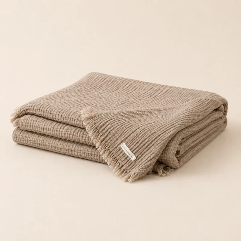 Folded waffle-texture throw with fringed edges on a plain surface.