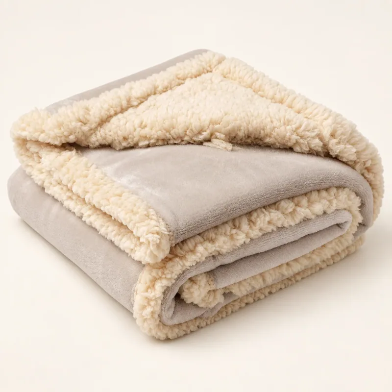 A folded beige blanket with one corner turned back to show the ivory plush reverse.