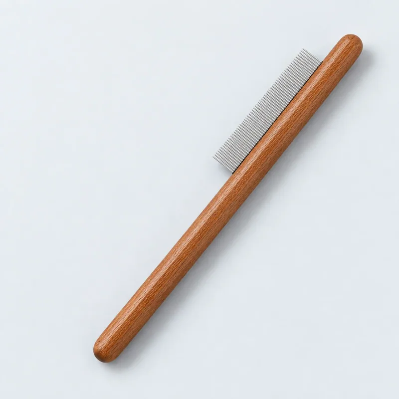 Brown wooden comb with a full handle and fine metal teeth.