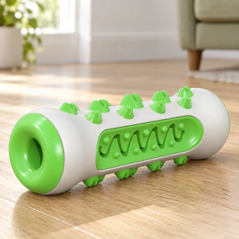 One green-and-light-gray dog toy.