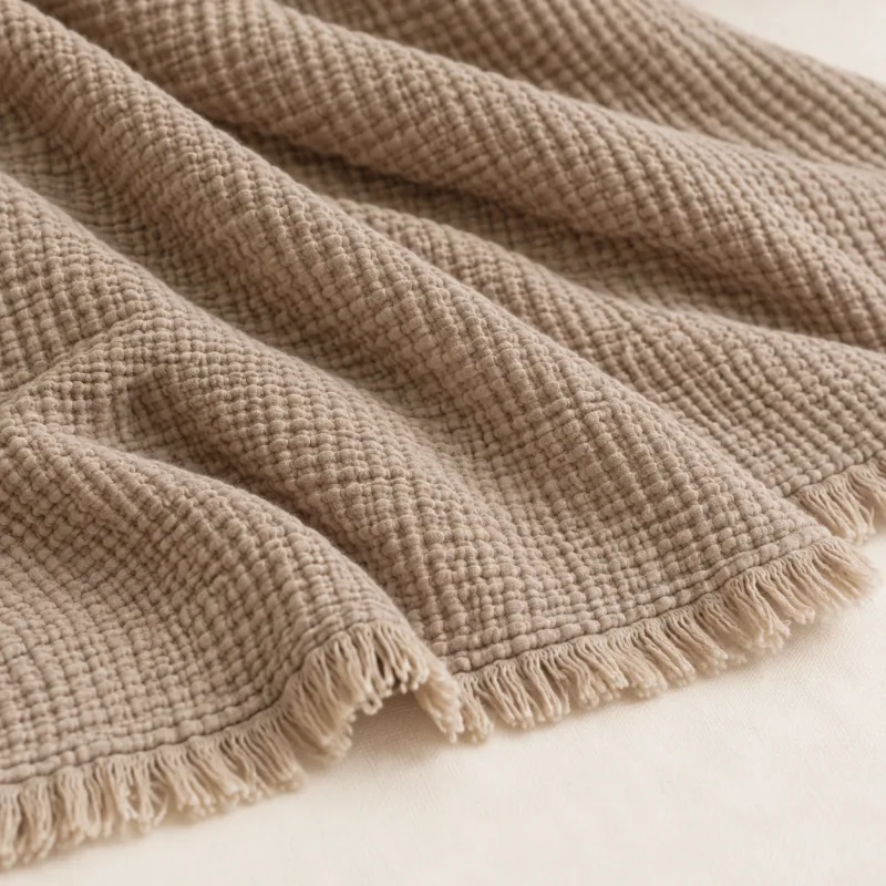 Close view of the taupe waffle weave and short fringed edge, photographed away from the sewn label.