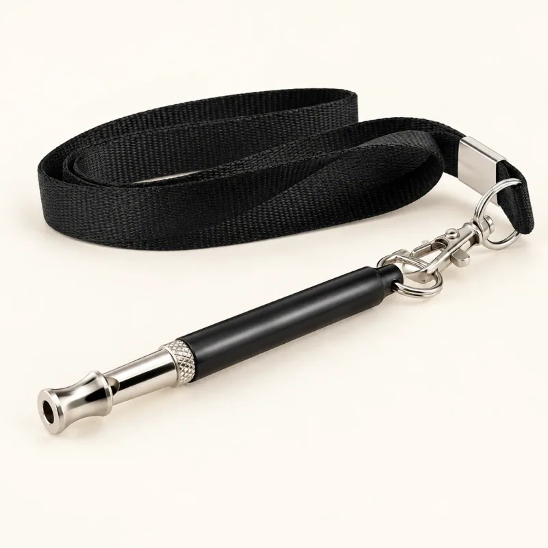 Black and silver training whistle with black lanyard