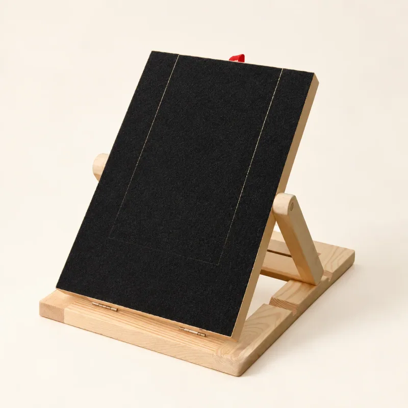 Complete wooden scratch board showing the black abrasive face and standing support.