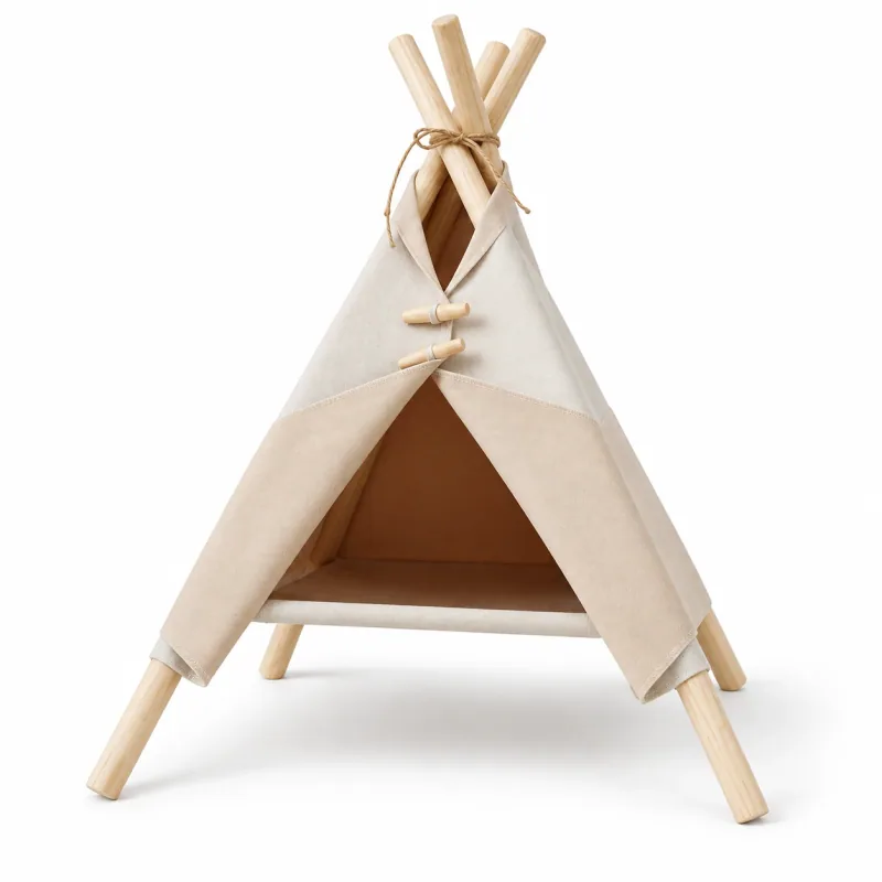 Beige open-front pet tent on a pale wooden frame.