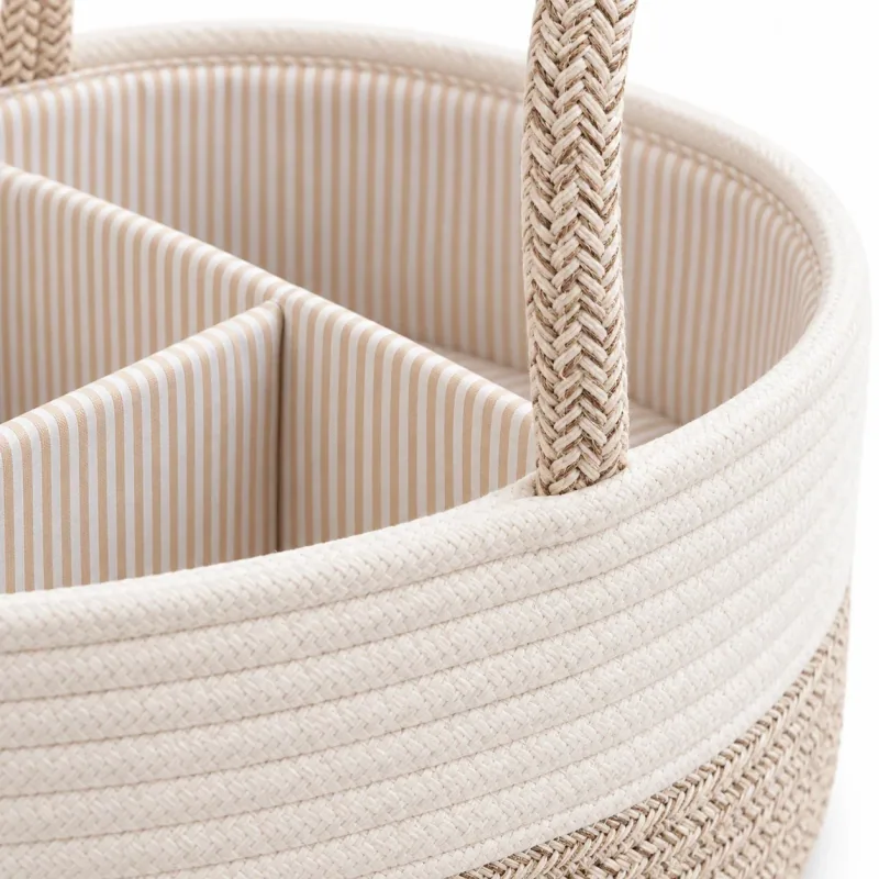 Close view of the rope caddy handle and striped compartment dividers.