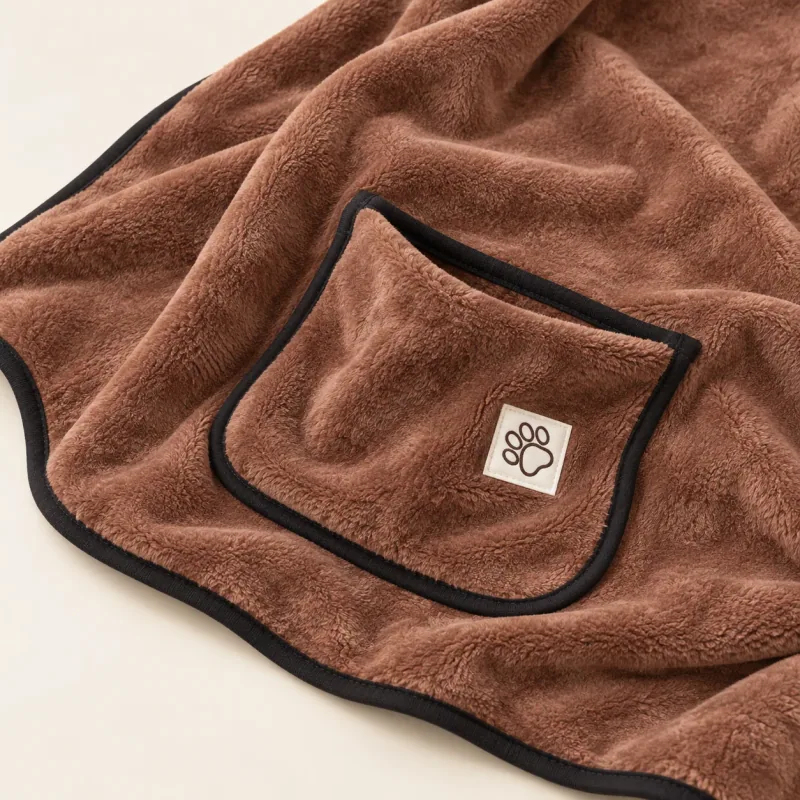 Brown plush towel detail showing a hand pocket, black binding and small paw patch.