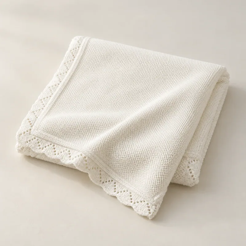 Folded white knit blanket showing its fine stitched surface, eyelet border and gently scalloped edge.