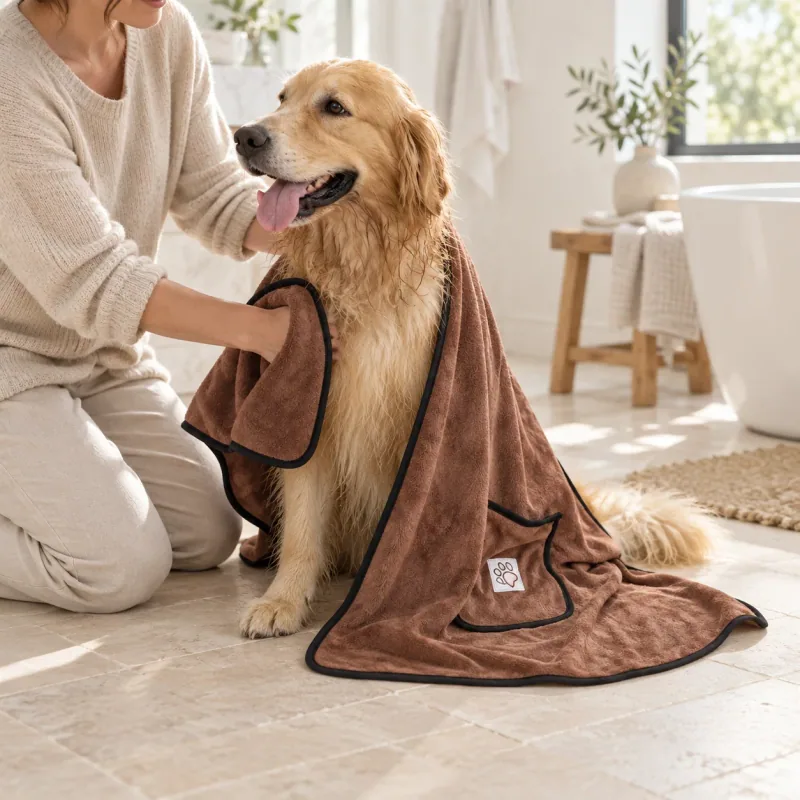 A person uses the brown towel’s hand pocket to dry a golden retriever. Black binding and the supplied paw patch are visible.