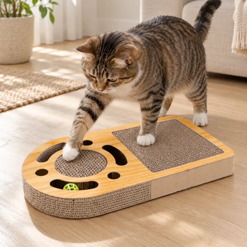A cat beside the rectangular paper scratcher