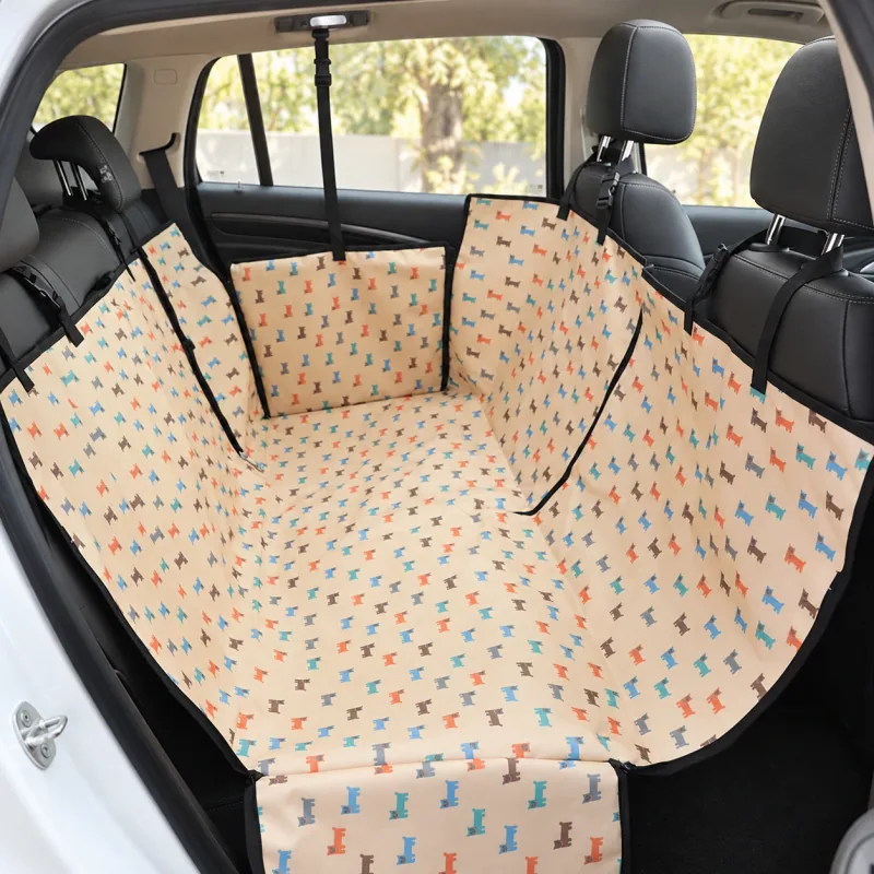 Beige dog-print rear seat cover with black edging and straps