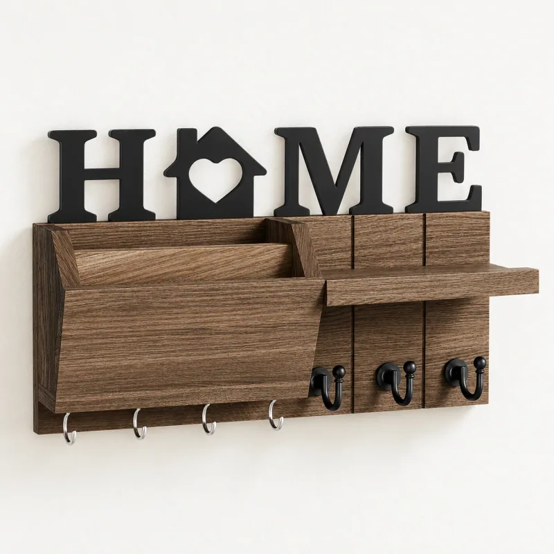 Brown wall organiser with mail slots, a small shelf, seven hooks and a removable HOME ornament
