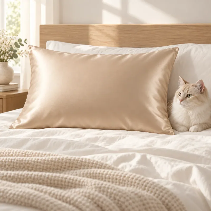 A champagne silk pillowcase on a neatly made bed with a calm cat sitting beside it.