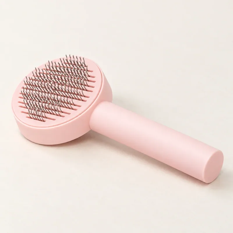 One pink Round Coat Brush lying diagonally, with the round pin head and smooth handle visible.