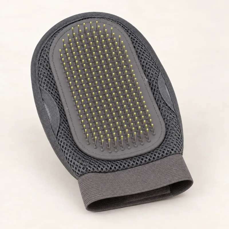 Gray oval grooming mitt with capped steel pins