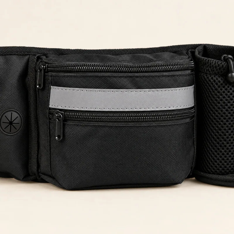 Close view of the pouch compartments and side bag opening
