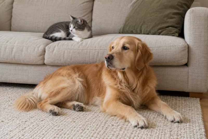A golden retriever resting beside a linen sofa, with a cat settled on the cushion