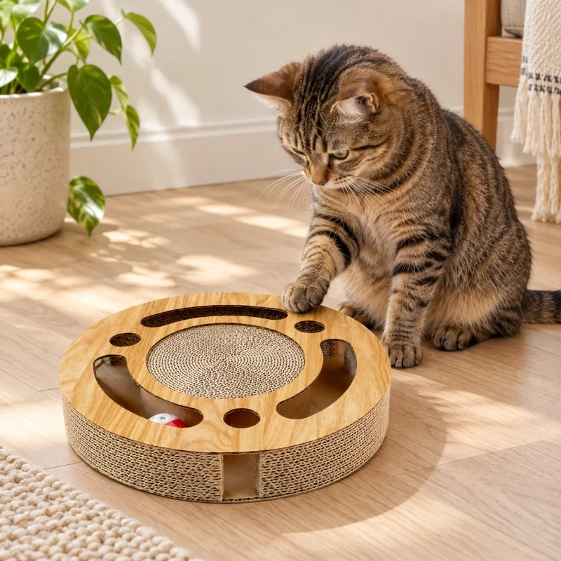 A cat beside the round scratcher