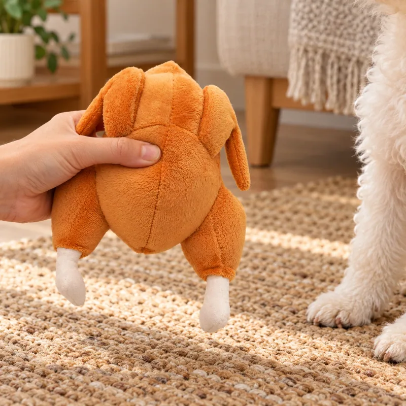 Hand holding one20cm plush turkey beside a dog’s paws; hand, dog and surroundings not included
