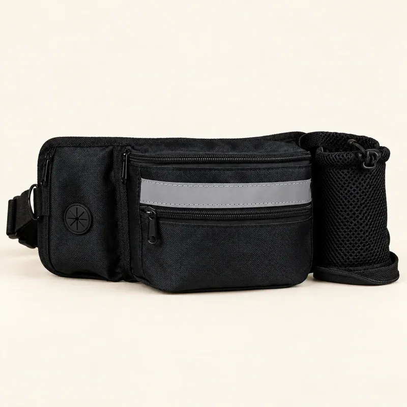 Black walking waist pouch with gray trim and empty mesh sleeve