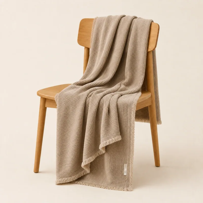 A taupe waffle throw draped over a light oak chair.