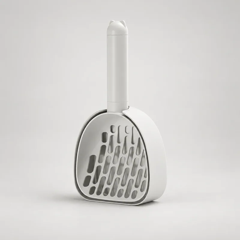 Pale grey-white litter scoop in its matching holder