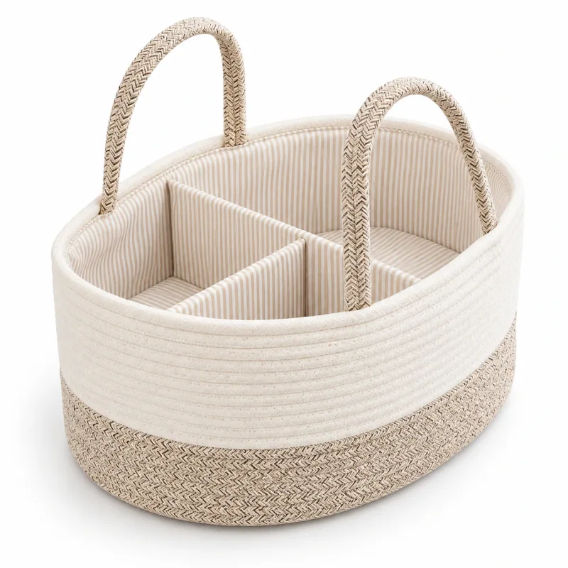 Empty white-and-beige rope caddy with handles and three striped compartments.