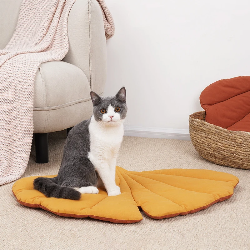 Gray and white cat sitting on a yellow quilted ginkgo-shaped mat with a terracotta edge.