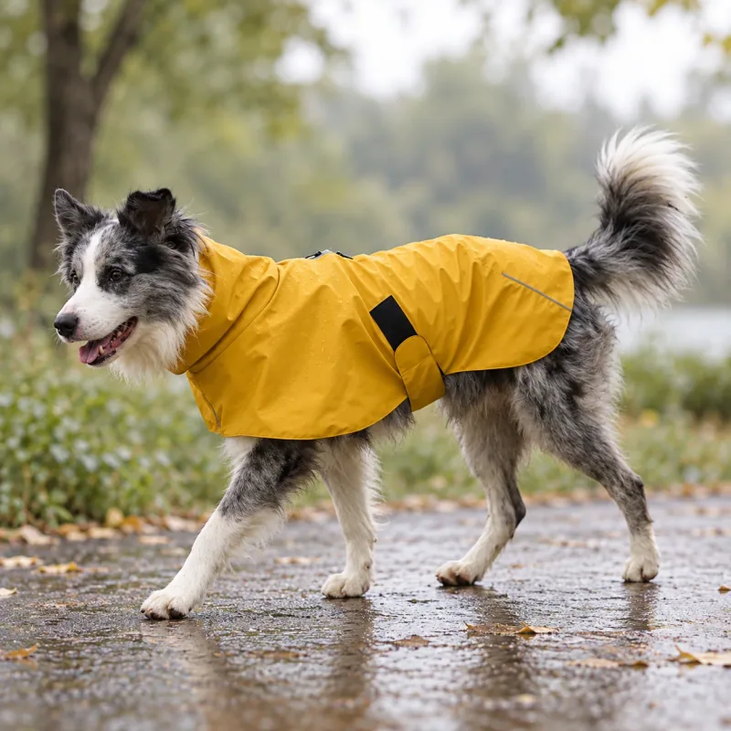 A blue-merle dog walking on a damp path in a yellow wrap-style rain shell.