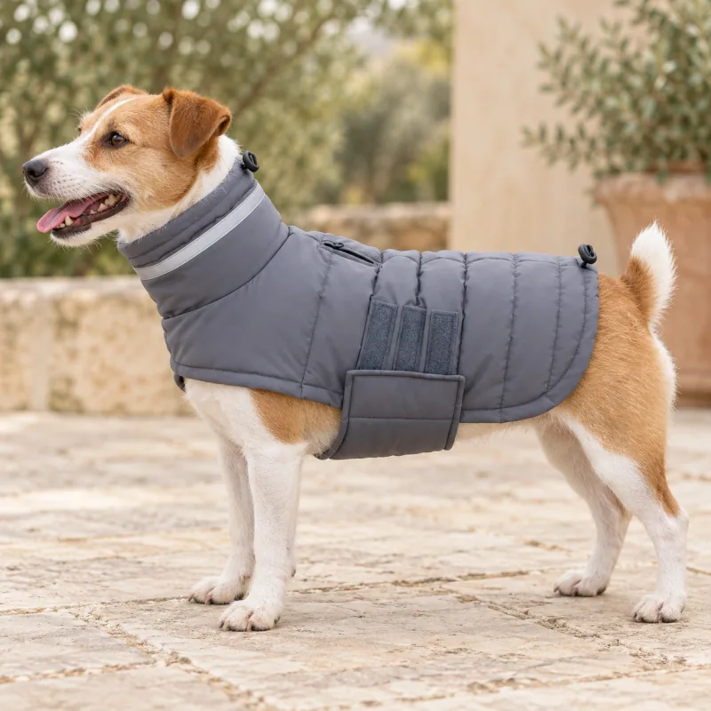A dog wearing the gray coat outdoors
