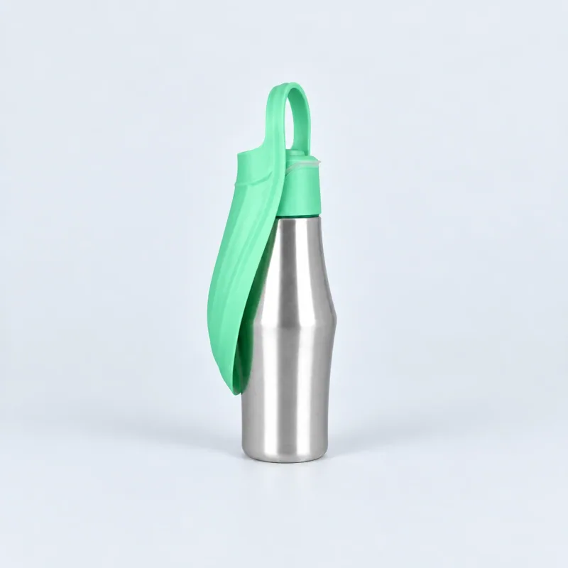 One stainless steel travel bottle with an attached mint-green cup and carry loop.