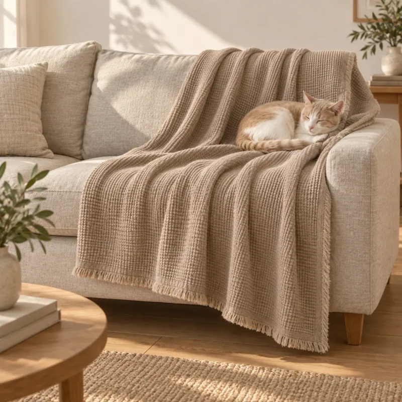 The Waffle Throw in an illustrated pet lifestyle scene