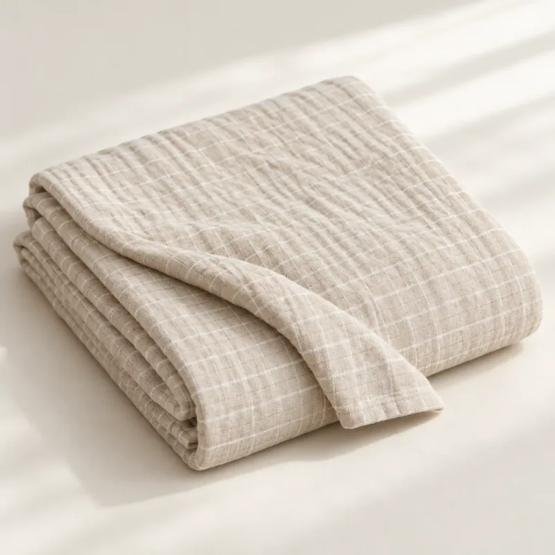 Pale coffee gauze throw folded on a warm ivory surface, showing its fine cream check and plain hem.