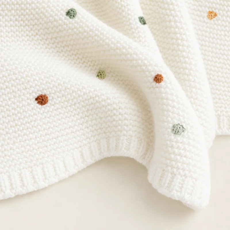 Close view of off-white knitted fabric with small colored dots and a ribbed border.
