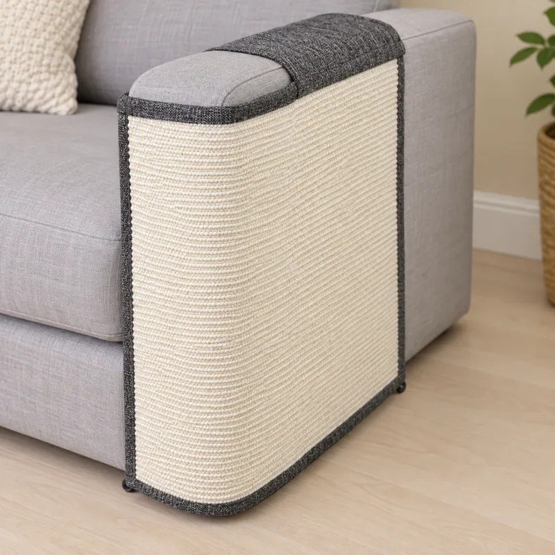 The charcoal-and-natural sisal LEFT-pattern sofa wrap fitted over a fabric sofa arm. Sofa not included.